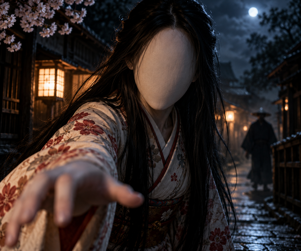 Noppera-bō, the faceless ghost of Japanese folklore, reaches toward the viewer on a dark, misty street beneath the moonlight.